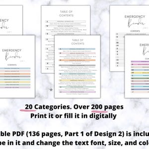 Op de afbeelding: Een verzameling witte pagina's met het label "Emergency Binder" met een inhoudsopgave. De pagina's bevatten categorie&euml;n zoals medische informatie en contacten in noodgevallen. Tekst op de pagina's luidt "20 categorie&euml;n. Meer dan 200 pagina's. Print het of vul het digitaal in."