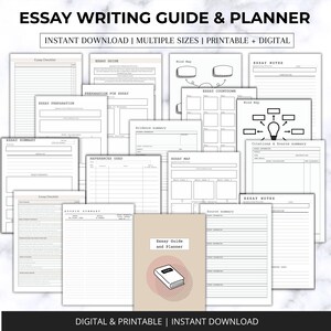 May include: An essay writing guide and planner with various pages for essay preparation, summaries, and notes. The cover of the guide is tan with the text "Essay Guide and Planner" and a book illustration. The text "Instant Download | Multiple Sizes | Printable + Digital" is also visible.