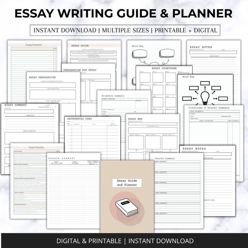 May include: An essay writing guide and planner with various pages for essay preparation, summaries, and notes. The cover of the guide is tan with the text "Essay Guide and Planner" and a book illustration. The text "Instant Download | Multiple Sizes | Printable + Digital" is also visible.