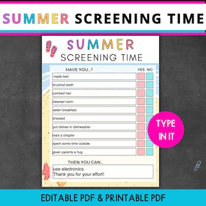 May include: A printable summer screen time chart with a beach theme. The chart has a list of chores to complete, such as making the bed, brushing teeth, and reading a chapter. Once the chores are completed, the child can earn screen time. The chart has a pink and blue color scheme with a beach scene in the background.