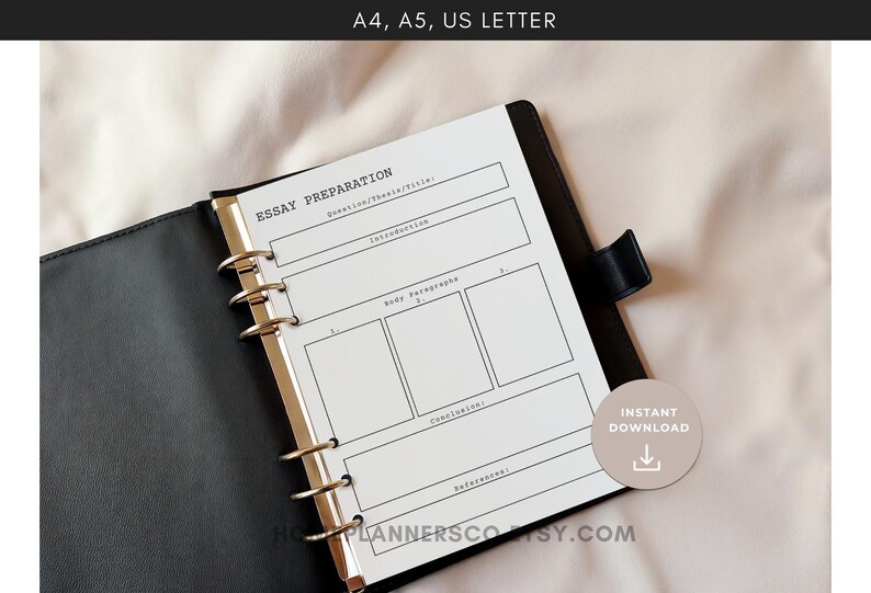 May include: Black binder with a white essay preparation template. The template includes sections for the question/thesis, introduction, body paragraphs, conclusion, and references. The text "A4, A5, US LETTER" is at the top.