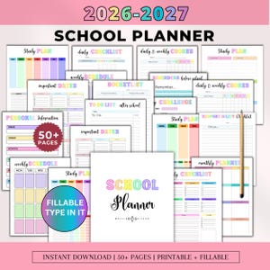 May include: A 2026-2027 school planner set featuring over 50 pages of printable and fillable templates. The collection includes study plans, daily checklists, weekly schedules, chore charts, and bucket lists with colourful headers and a wooden pencil.