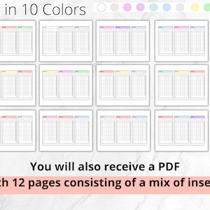 May include: A set of 12 printable pages for a planner or journal. The pages are divided into three columns with lines for writing. The pages are available in 10 different colors, including pink, blue, yellow, and green. The text "You will also receive a PDF with 12 pages consisting of a mix of inserts" is at the bottom of the image.