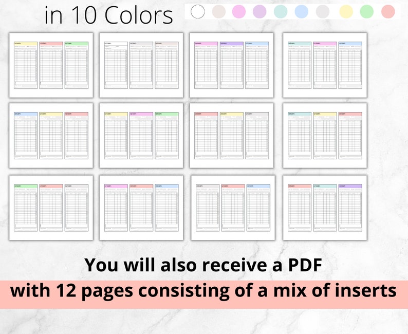 May include: A set of 12 printable pages for a planner or journal. The pages are divided into three columns with lines for writing. The pages are available in 10 different colors, including pink, blue, yellow, and green. The text "You will also receive a PDF with 12 pages consisting of a mix of inserts" is at the bottom of the image.