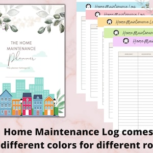 May include: A printable home maintenance log planner with a colorful city skyline illustration. The planner comes in five different colors: blue, pink, yellow, green, and purple. The text "The Home Maintenance Planner" is at the top of the cover.