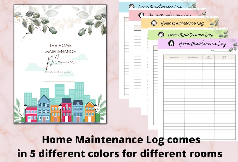 May include: A printable home maintenance log planner with a colorful city skyline illustration. The planner comes in five different colors: blue, pink, yellow, green, and purple. The text "The Home Maintenance Planner" is at the top of the cover.