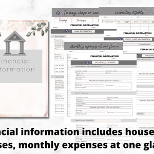 May include: A collection of printable financial information sheets. The sheets include sections for bank information, credit card details, household expenses, and liabilities. The text "Financial Information" is prominently displayed, along with the phrase "Monthly expenses at one glance."