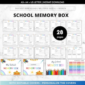 May include: A collection of printable school memory box pages with editable covers. The design includes pages for each grade, from preschool to twelfth grade, with space for memories. The image also shows colorful school-themed graphics and the text "School Memory Box".