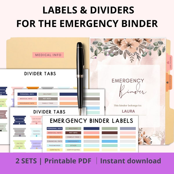 Printable Divider Tabs and Binder Labels for Emergency Binder Plus |  Binder Labels Binder Dividers Binder Tabs Stationary Instant download