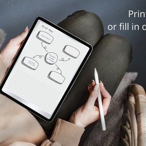 May include: A digital mind map displayed on a tablet, with a central concept and connected boxes for ideas. The text "Print it or fill in digitally" is visible. A white stylus is held near the tablet.