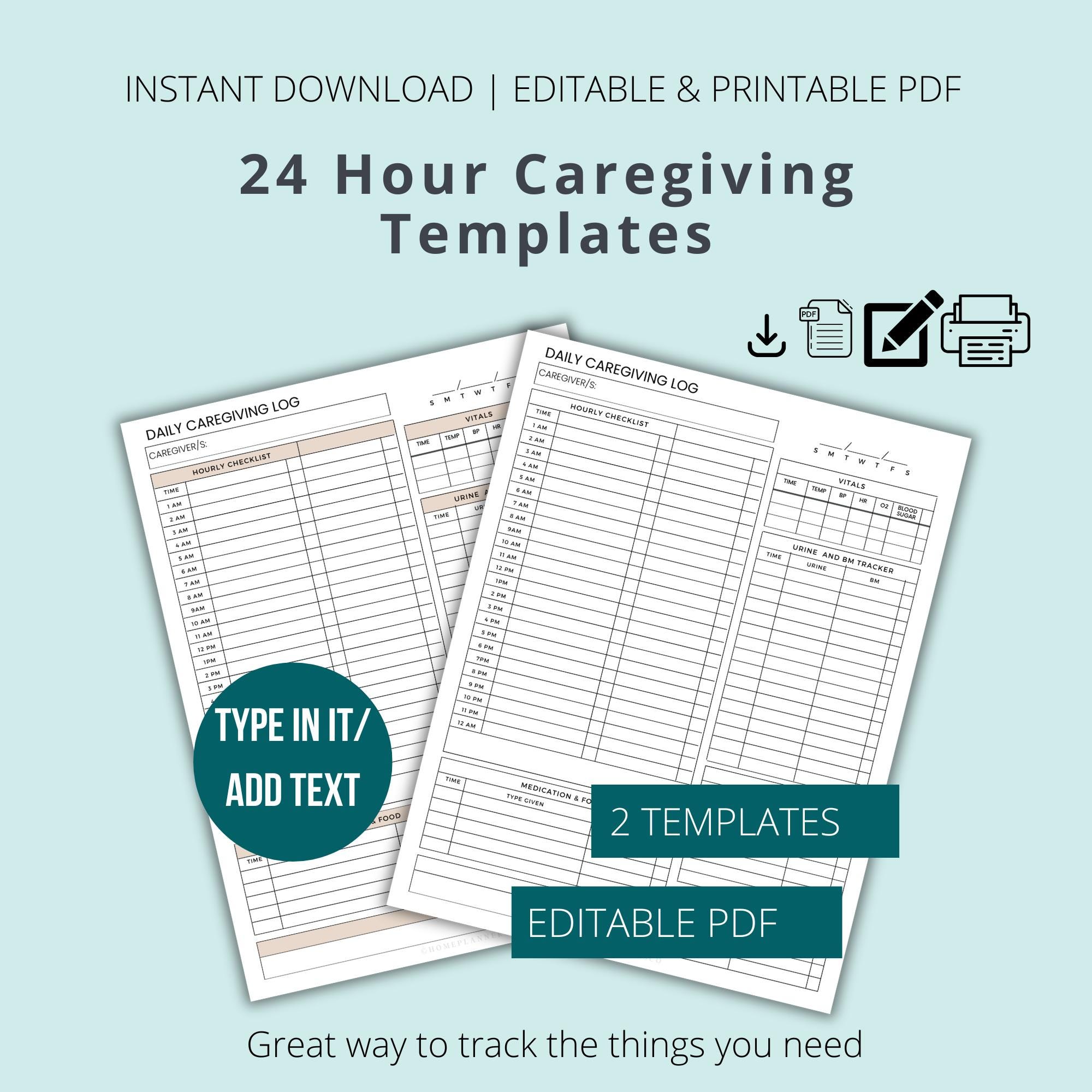 EDITABLE 24 Hour Home Health Caregiver Log Sheet - Printable Daily Care ...