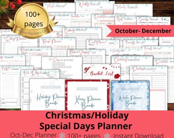 May include: A collection of printable planner pages with titles like "Daily Planner," "Recipe Planner," and "Cleaning Checklist." The image includes text that reads "Christmas/Holiday Special Days Planner" and "October-December."