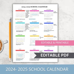 2024-2025 Editable School Calendar Template for Preschool, Daycare, Childcare, Day Care & Sports Teams  Printable Year at a Glance Template