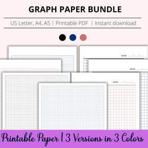 May include: Printable graph paper bundle in three colors: black, blue, and pink. The bundle includes US Letter, A4, and A5 sizes. The image shows a stack of graph paper sheets with different grid sizes and colors.