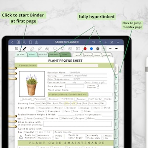 Pu&ograve; includere: Una pagina di un planner digitale con una scheda di profilo di pianta per la lavanda. La scheda include informazioni sul nome botanico della pianta, la variet&agrave;, il colore e altri dettagli. La pagina fa parte di un planner da giardino digitale pi&ugrave; ampio.