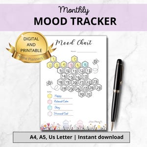 Monthly Mood Tracker, Printable Mood tracker, Daily Mood tracker, Mood Chart, Bojo Mood tracker Bullet Journal Page, Habit Tracker A5 A4 US