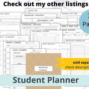 May include: A student planner with various templates for organization, including weekly, monthly, and daily schedules, assignment trackers, and goal checklists. The planner has 72 pages and includes the text "Student Planner".
