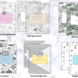 Op de afbeelding: Een verzameling documenthouders met verschillende ontwerpen en labels. De labels bevatten "Birth Information & Certificates", "Marriage Licence", "Military", "Driver's Licence", "Social Security Card" en "Passport & Visa". De achtergronden hebben bloemen-, rozen-, camouflage- en geometrische patronen.