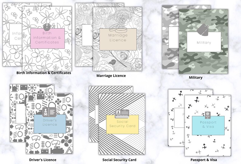 Op de afbeelding: Een verzameling documenthouders met verschillende ontwerpen en labels. De labels bevatten "Birth Information & Certificates", "Marriage Licence", "Military", "Driver's Licence", "Social Security Card" en "Passport & Visa". De achtergronden hebben bloemen-, rozen-, camouflage- en geometrische patronen.