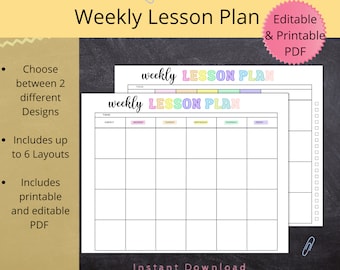May include: Printable weekly lesson plan template with a colorful design. The template includes a title, subject, theme, and days of the week.  Editable and printable PDF.