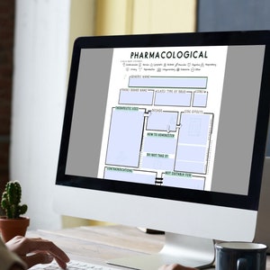 May include: A computer screen displaying a "Pharmacological" chart with various sections for drug information. The chart includes fields for generic name, trade name, therapeutic uses, and side effects. A person is typing on a keyboard in front of the screen.
