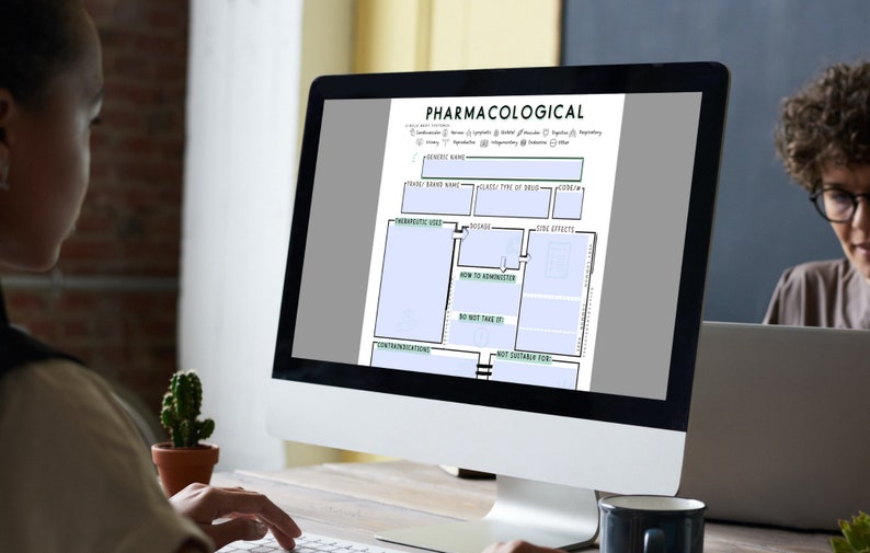 May include: A computer screen displaying a "Pharmacological" chart with various sections for drug information. The chart includes fields for generic name, trade name, therapeutic uses, and side effects. A person is typing on a keyboard in front of the screen.