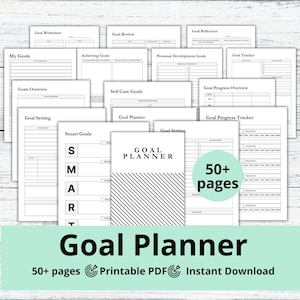 May include: A printable goal planner with 50+ pages. The planner includes worksheets for setting goals, tracking progress, and reflecting on achievements. The cover features a black and white striped design with the text "GOAL PLANNER".
