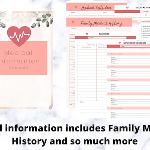 May include: A pink and white medical information template with a heart and EKG graphic. The text "Medical Information extended" is displayed. The template includes sections for medical tests, family history, allergies, and important contacts. The text at the bottom reads "Medical information includes Family Medical History and so much more."