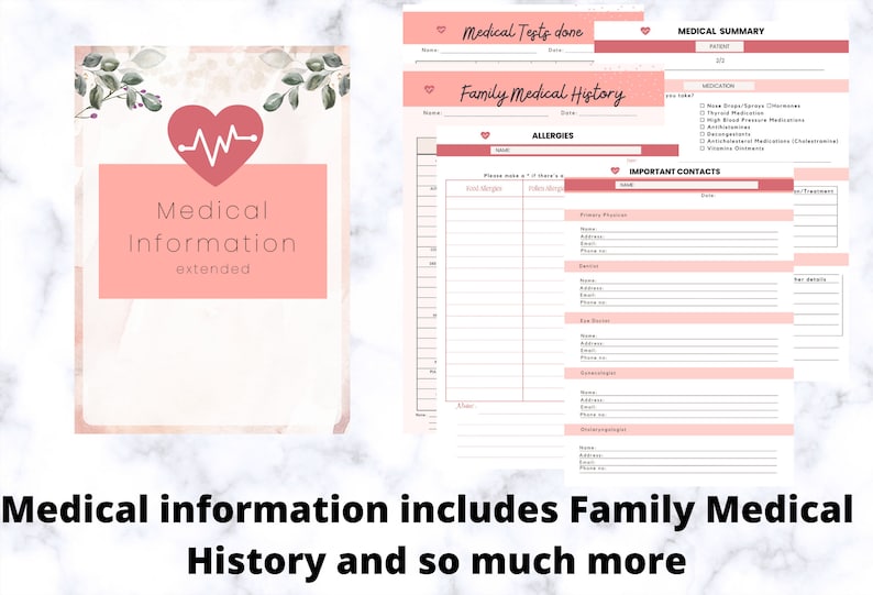 May include: A pink and white medical information template with a heart and EKG graphic. The text "Medical Information extended" is displayed. The template includes sections for medical tests, family history, allergies, and important contacts. The text at the bottom reads "Medical information includes Family Medical History and so much more."