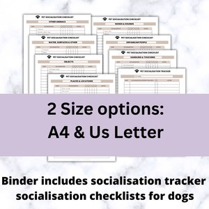 K&ouml;nnte beinhalten: Ein Satz druckbarer Sozialisations-Checklisten und -Tracker f&uuml;r Hunde. Die Checklisten umfassen Kategorien wie andere Tiere, Ger&auml;usche und Kl&auml;nge, unbekannte Personen, Umgang und Ber&uuml;hrung, Wasseroberfl&auml;chen, Gegenst&auml;nde und Orte und Standorte. Die Checklisten sind in zwei Gr&ouml;&szlig;en erh&auml;ltlich: A4 und US Letter.