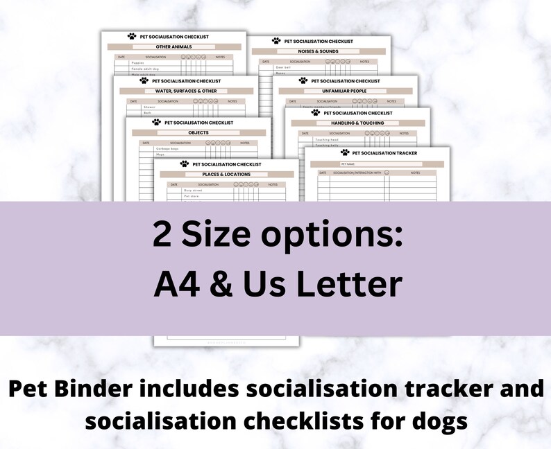 K&ouml;nnte beinhalten: Ein Satz druckbarer Sozialisations-Checklisten und -Tracker f&uuml;r Hunde. Die Checklisten umfassen Kategorien wie andere Tiere, Ger&auml;usche und Kl&auml;nge, unbekannte Personen, Umgang und Ber&uuml;hrung, Wasseroberfl&auml;chen, Gegenst&auml;nde und Orte und Standorte. Die Checklisten sind in zwei Gr&ouml;&szlig;en erh&auml;ltlich: A4 und US Letter.
