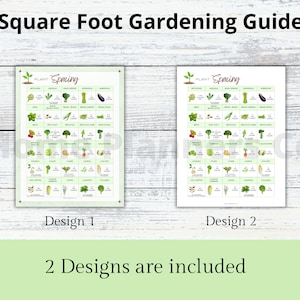 Puede incluir: Dos gu&iacute;as de jardiner&iacute;a de un pie cuadrado imprimibles con dise&ntilde;os diferentes. Cada gu&iacute;a presenta una tabla con una lista de verduras y su espacio recomendado en pulgadas.