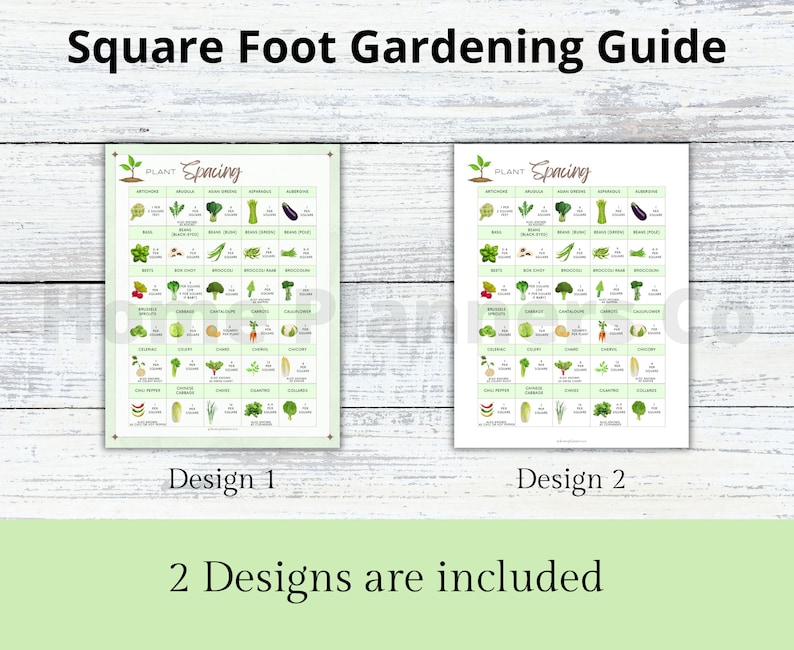 Puede incluir: Dos gu&iacute;as de jardiner&iacute;a de un pie cuadrado imprimibles con dise&ntilde;os diferentes. Cada gu&iacute;a presenta una tabla con una lista de verduras y su espacio recomendado en pulgadas.