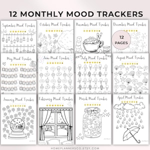May include: A set of 12 monthly mood tracker pages featuring black and white line art illustrations for each month. The top of the collection reads 12 MONTHLY MOOD TRACKERS and includes a circular badge stating 12 PAGES. Each page has a unique theme.