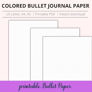 Può includere: Tre fogli di carta per bullet journal stampabili in formato US Letter, A4 e A5. La carta ha un motivo a griglia punteggiata.