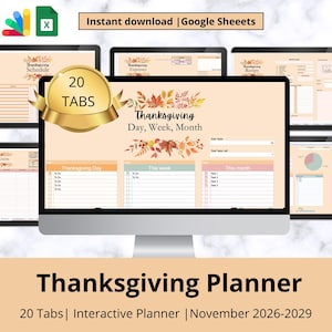 Puede incluir: Un planificador digital de Acción de Gracias para Google Sheets con 20 pestañas, ilustraciones de hojas de otoño y listas de tareas por día, semana y mes. La interfaz incluye secciones para horarios, gastos, recetas y listas de invitados, fechado de noviembre 2026-2029.