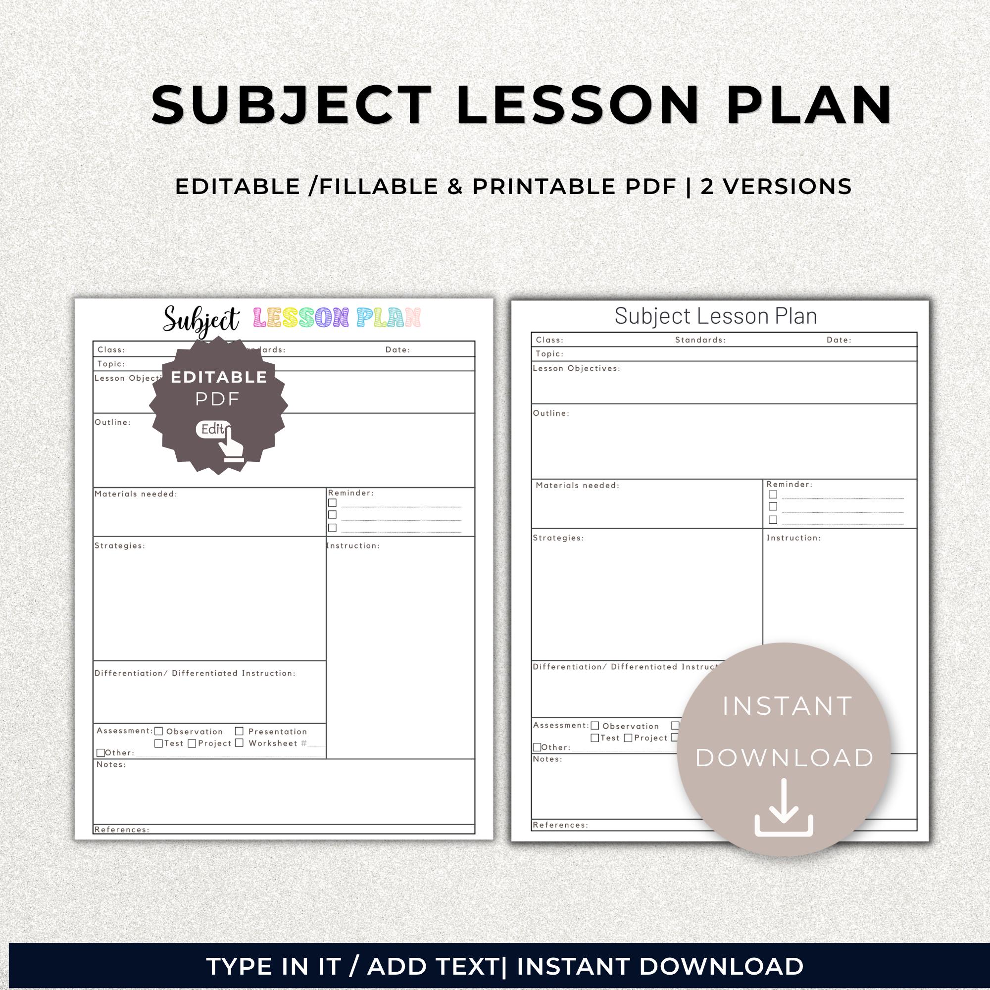 Editable Subject Lesson Plan Template, Printable Digital Lesson Planner ...