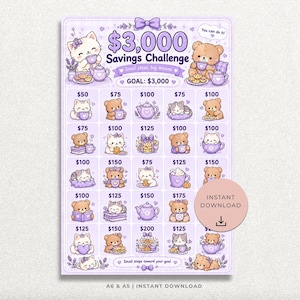 Puede incluir: Una hoja de seguimiento de ahorro de 3.000 $ en tonos morados con ilustraciones de gatos y ositos de peluche con té y galletas. La cuadrícula contiene varios importes en dólares de 50 $ a 200 $, con texto que incluye "Small steps, big dreams" y "You can do it!"