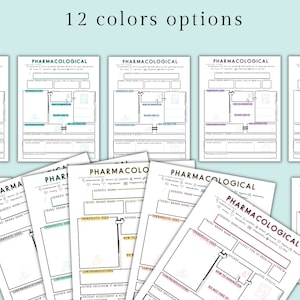 May include: A collection of white paper sheets with the word "PHARMACOLOGICAL" at the top. The sheets have a diagram layout with text and colored highlights. The text "12 colors options" is at the top.