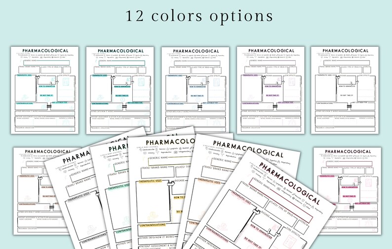 May include: A collection of white paper sheets with the word "PHARMACOLOGICAL" at the top. The sheets have a diagram layout with text and colored highlights. The text "12 colors options" is at the top.