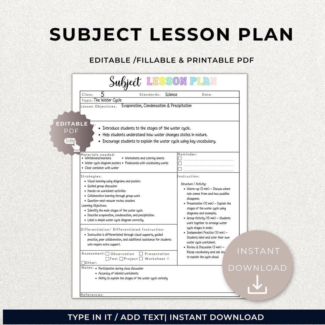 Editable Subject Lesson Plan Template, Printable Digital Lesson Planner ...