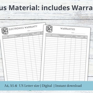 May include: Two printable warranty log sheets. The first sheet is titled "Electronics Warranty" and the second sheet is titled "Warranties". Both sheets have a gray and white grid pattern and are designed for recording warranty information.