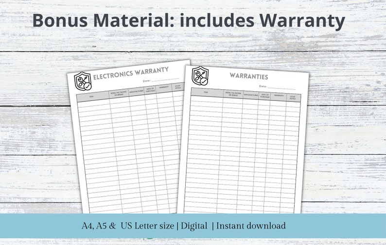 May include: Two printable warranty log sheets. The first sheet is titled "Electronics Warranty" and the second sheet is titled "Warranties". Both sheets have a gray and white grid pattern and are designed for recording warranty information.
