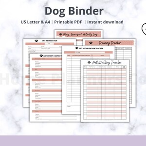 May include: Printable dog binder with pages for pet information, important contacts, play exercise and activity log, training tracker, pet socialization tracker, and pet walking tracker. The pages have a pink and white color scheme with paw print accents.