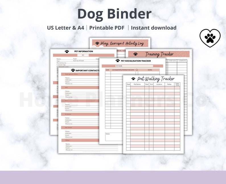 May include: Printable dog binder with pages for pet information, important contacts, play exercise and activity log, training tracker, pet socialization tracker, and pet walking tracker. The pages have a pink and white color scheme with paw print accents.