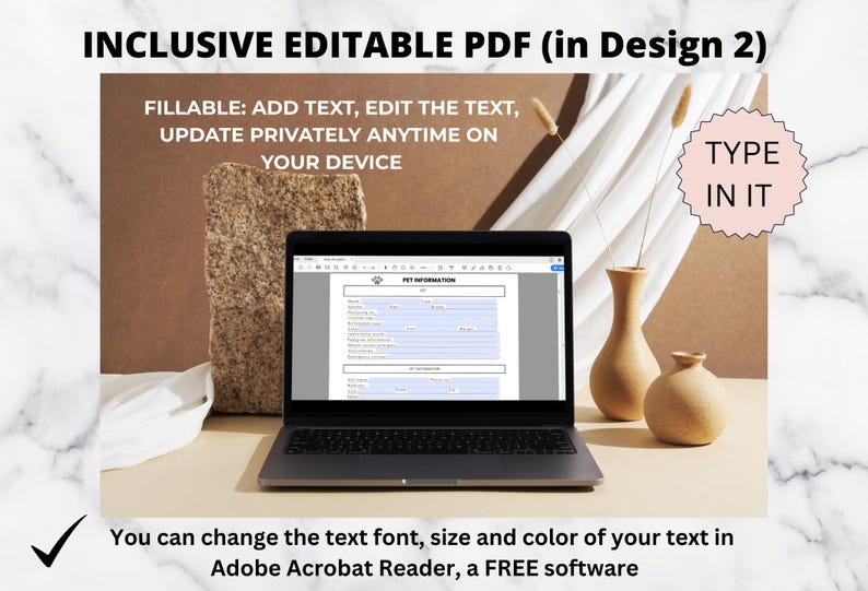 Op de afbeelding: Een laptop toont een huisdierinformatieformulier, met de tekst "INCLUSIVE EDITABLE PDF". De afbeelding bevat tekst met de tekst "FILLABLE: ADD TEXT, EDIT THE TEXT, UPDATE PRIVATELY ANYTIME ON YOUR DEVICE". Twee kleine vazen en een stenen blok staan op de achtergrond.