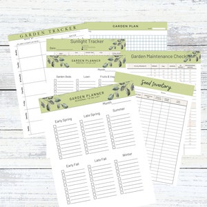 May include: Printable garden planner with sections for tracking sunlight, garden beds, lawn, fruits and vegetables, a seasonal to-do list, a garden maintenance checklist, and a seed inventory.
