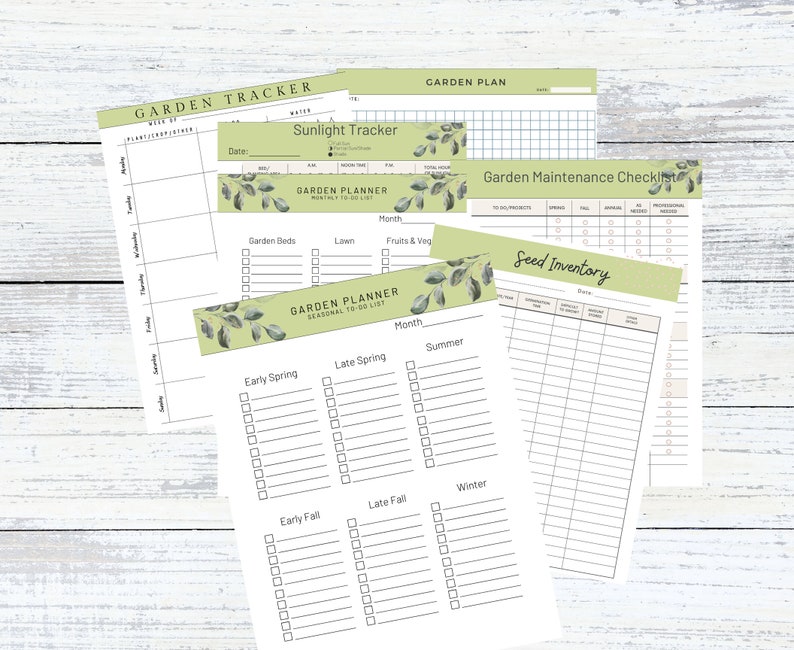 May include: Printable garden planner with sections for tracking sunlight, garden beds, lawn, fruits and vegetables, a seasonal to-do list, a garden maintenance checklist, and a seed inventory.