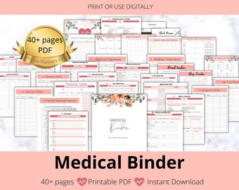May include: A collection of printable medical planner pages in PDF format, featuring over 40 sheets with pink accents and floral headers. The documents include trackers for medication, doctor visits, symptoms, and health history, labeled with clear text headings.