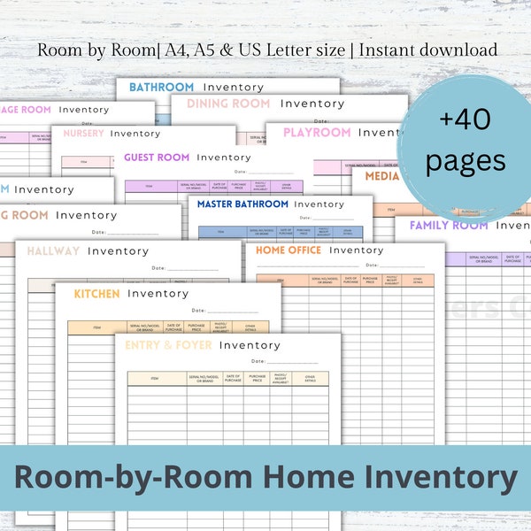 Home Inventory Tracker Pages,Room-By-Room Inventory, House Inventory, Office, Clothing, Jewellery, Warranty Printable Tracker Pages Template